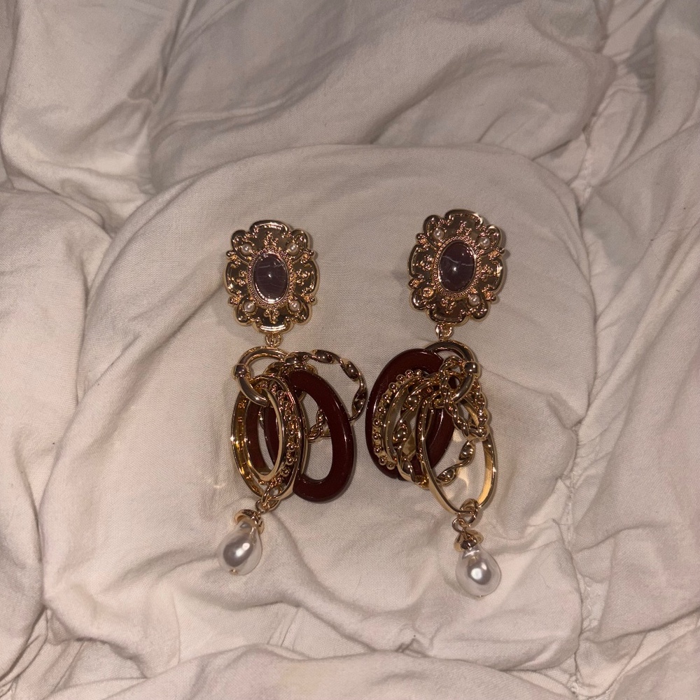 Anthropologie Deep Cherry Red Enamel & Pearl Gold Statement Earrings